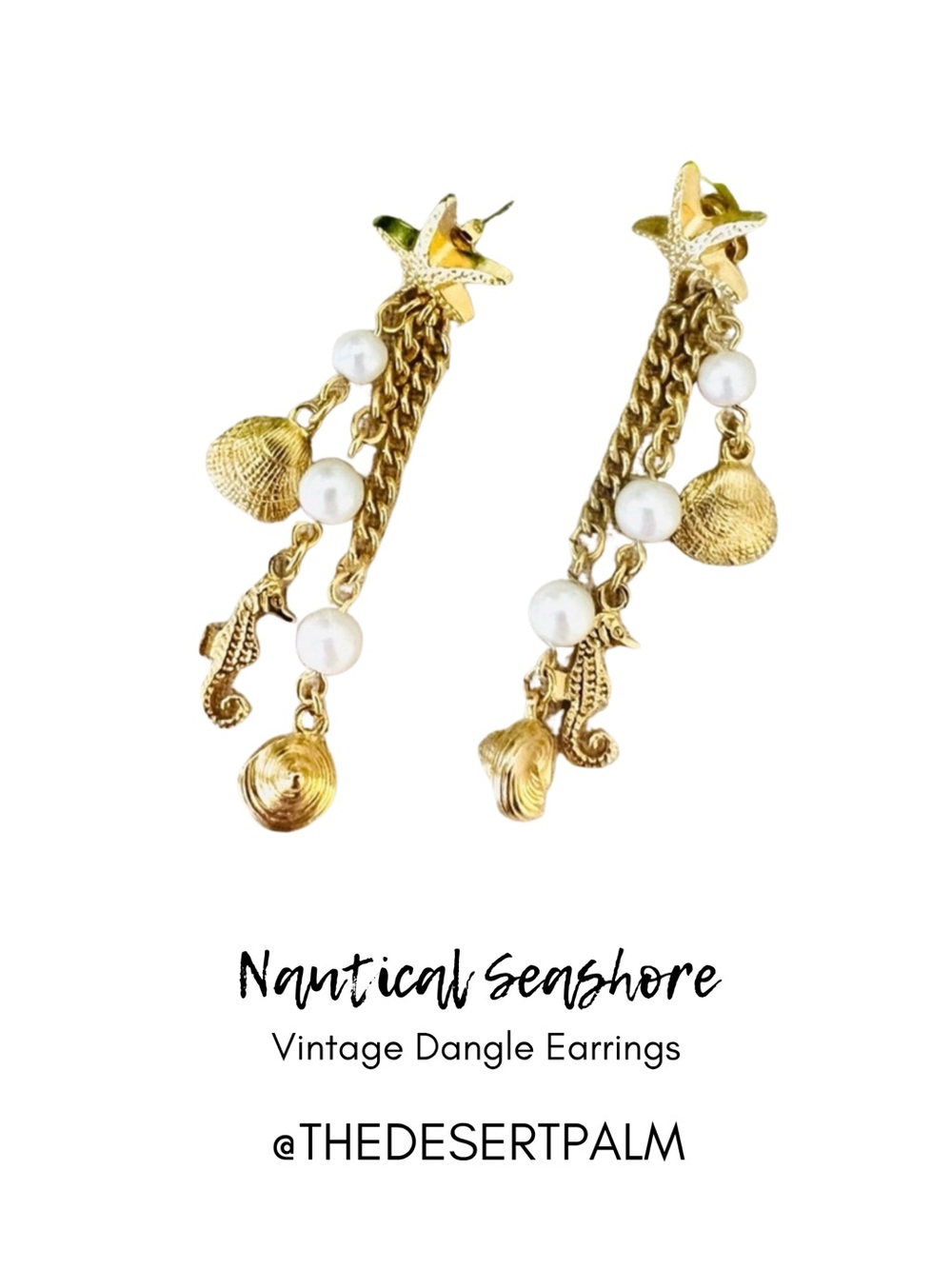 Vintage Nautical Seashell Pearl Dangle Earrings Gold Tone Seahorse Beachcore